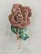 Vintage Signed CINER RED ROSE Rhinestones & GREEN ENAMEL LEAF Flower Brooch Pin