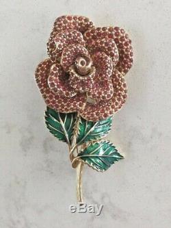 Vintage Signed CINER RED ROSE Rhinestones & GREEN ENAMEL LEAF Flower Brooch Pin
