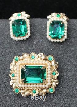 Vintage Signed CORO Goldtone Green Rhinestones Set Screw Earrings Pin Brooch