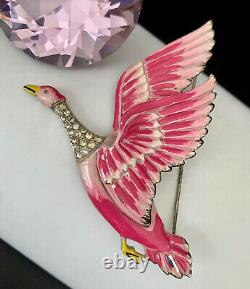 Vintage Signed CORO Pink Enamel Rhinestone Old Bird Pin Figural Brooch RARE
