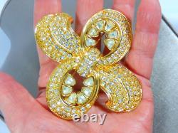 Vintage Signed Coro Craft Huge Gold Tone Trillion & Round Rhinestone Brooch