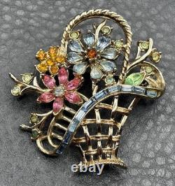 Vintage Signed Coro Multicolor Rhinestone Daisy Flower Basket Brooch Pin