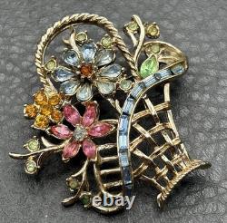 Vintage Signed Coro Multicolor Rhinestone Daisy Flower Basket Brooch Pin