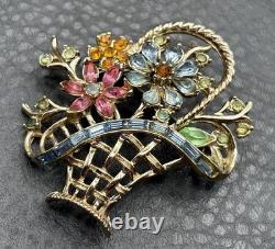 Vintage Signed Coro Multicolor Rhinestone Daisy Flower Basket Brooch Pin