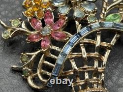 Vintage Signed Coro Multicolor Rhinestone Daisy Flower Basket Brooch Pin