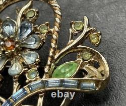 Vintage Signed Coro Multicolor Rhinestone Daisy Flower Basket Brooch Pin