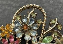 Vintage Signed Coro Multicolor Rhinestone Daisy Flower Basket Brooch Pin