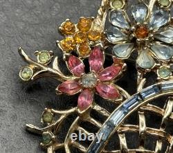 Vintage Signed Coro Multicolor Rhinestone Daisy Flower Basket Brooch Pin