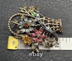 Vintage Signed Coro Multicolor Rhinestone Daisy Flower Basket Brooch Pin