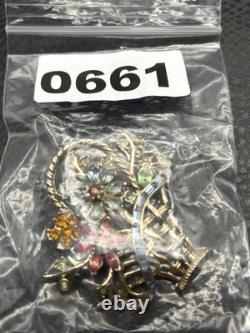 Vintage Signed Coro Multicolor Rhinestone Daisy Flower Basket Brooch Pin