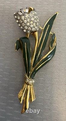 Vintage Signed Coro Trembler Brooch Tulip Flower Enamel Rhinestone Alfred Katz