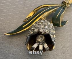 Vintage Signed Coro Trembler Brooch Tulip Flower Enamel Rhinestone Alfred Katz