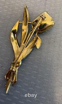 Vintage Signed Coro Trembler Brooch Tulip Flower Enamel Rhinestone Alfred Katz