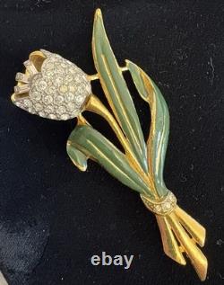 Vintage Signed Coro Trembler Brooch Tulip Flower Enamel Rhinestone Alfred Katz