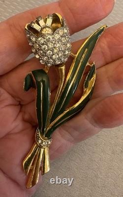 Vintage Signed Coro Trembler Brooch Tulip Flower Enamel Rhinestone Alfred Katz