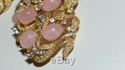 Vintage Signed Crown Trifari Under The Sea Pink Cabochon Brooch Earrings Set