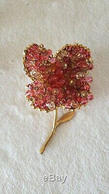 Vintage Signed Depose Large Pink Flower Crystal Fur Pin Brooch & Clip Earrings