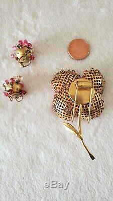Vintage Signed Depose Large Pink Flower Crystal Fur Pin Brooch & Clip Earrings