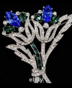Vintage Signed Eisenberg Ice Blue Green Rhinestone Floral Spray Brooch Pin