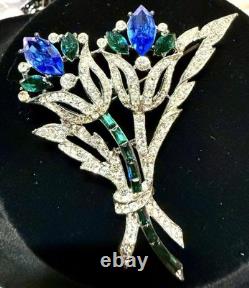 Vintage Signed Eisenberg Ice Blue Green Rhinestone Floral Spray Brooch Pin