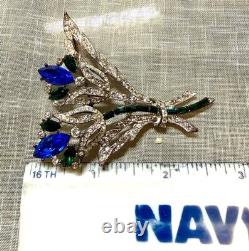 Vintage Signed Eisenberg Ice Blue Green Rhinestone Floral Spray Brooch Pin
