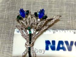 Vintage Signed Eisenberg Ice Blue Green Rhinestone Floral Spray Brooch Pin