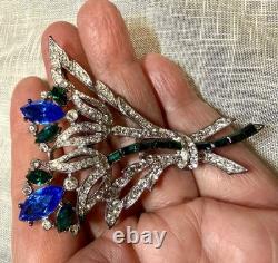 Vintage Signed Eisenberg Ice Blue Green Rhinestone Floral Spray Brooch Pin