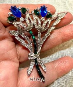 Vintage Signed Eisenberg Ice Blue Green Rhinestone Floral Spray Brooch Pin