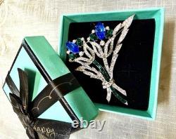 Vintage Signed Eisenberg Ice Blue Green Rhinestone Floral Spray Brooch Pin