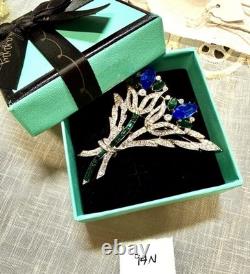 Vintage Signed Eisenberg Ice Blue Green Rhinestone Floral Spray Brooch Pin