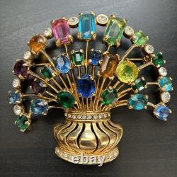 Vintage Signed Eisenberg Multi Color Rhinestone Flower Basket Brooch Large Gold