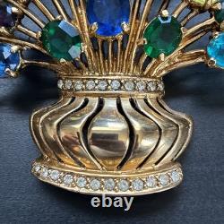 Vintage Signed Eisenberg Multi Color Rhinestone Flower Basket Brooch Large Gold