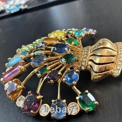 Vintage Signed Eisenberg Multi Color Rhinestone Flower Basket Brooch Large Gold
