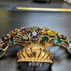 Vintage Signed Eisenberg Multi Color Rhinestone Flower Basket Brooch Large Gold