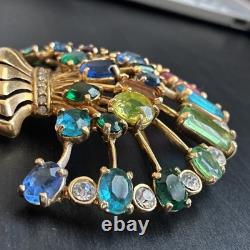 Vintage Signed Eisenberg Multi Color Rhinestone Flower Basket Brooch Large Gold