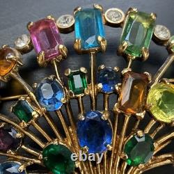 Vintage Signed Eisenberg Multi Color Rhinestone Flower Basket Brooch Large Gold
