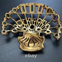 Vintage Signed Eisenberg Multi Color Rhinestone Flower Basket Brooch Large Gold