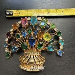 Vintage Signed Eisenberg Multi Color Rhinestone Flower Basket Brooch Large Gold