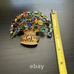 Vintage Signed Eisenberg Multi Color Rhinestone Flower Basket Brooch Large Gold