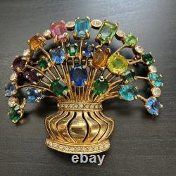 Vintage Signed Eisenberg Multi Color Rhinestone Flower Basket Brooch Large Gold