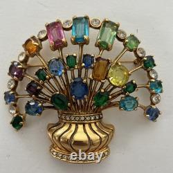 Vintage Signed Eisenberg Multi Color Rhinestone Flower Basket Brooch Large Gold