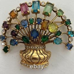 Vintage Signed Eisenberg Multi Color Rhinestone Flower Basket Brooch Large Gold