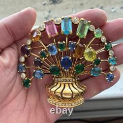 Vintage Signed Eisenberg Multi Color Rhinestone Flower Basket Brooch Large Gold