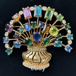 Vintage Signed Eisenberg Multi Color Rhinestone Flower Basket Brooch Large Gold