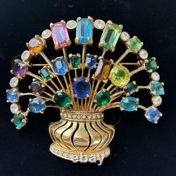 Vintage Signed Eisenberg Multi Color Rhinestone Flower Basket Brooch Large Gold