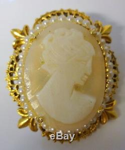 Vintage Signed FLORENZA Victorian Lady Rhinestone Genuine Cameo Tag Pin Brooch