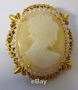 Vintage Signed FLORENZA Victorian Lady Rhinestone Genuine Cameo Tag Pin Brooch