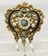 Vintage Signed Florenza Gold Heart Turquoise Cabochon & Rhinestones Pin Brooch