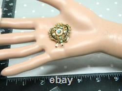 Vintage Signed Florenza Gold Heart Turquoise Cabochon & Rhinestones Pin Brooch
