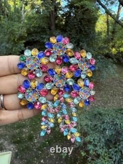 Vintage Signed Flower Bouquet Brooch Large Missing Two Rhinestones